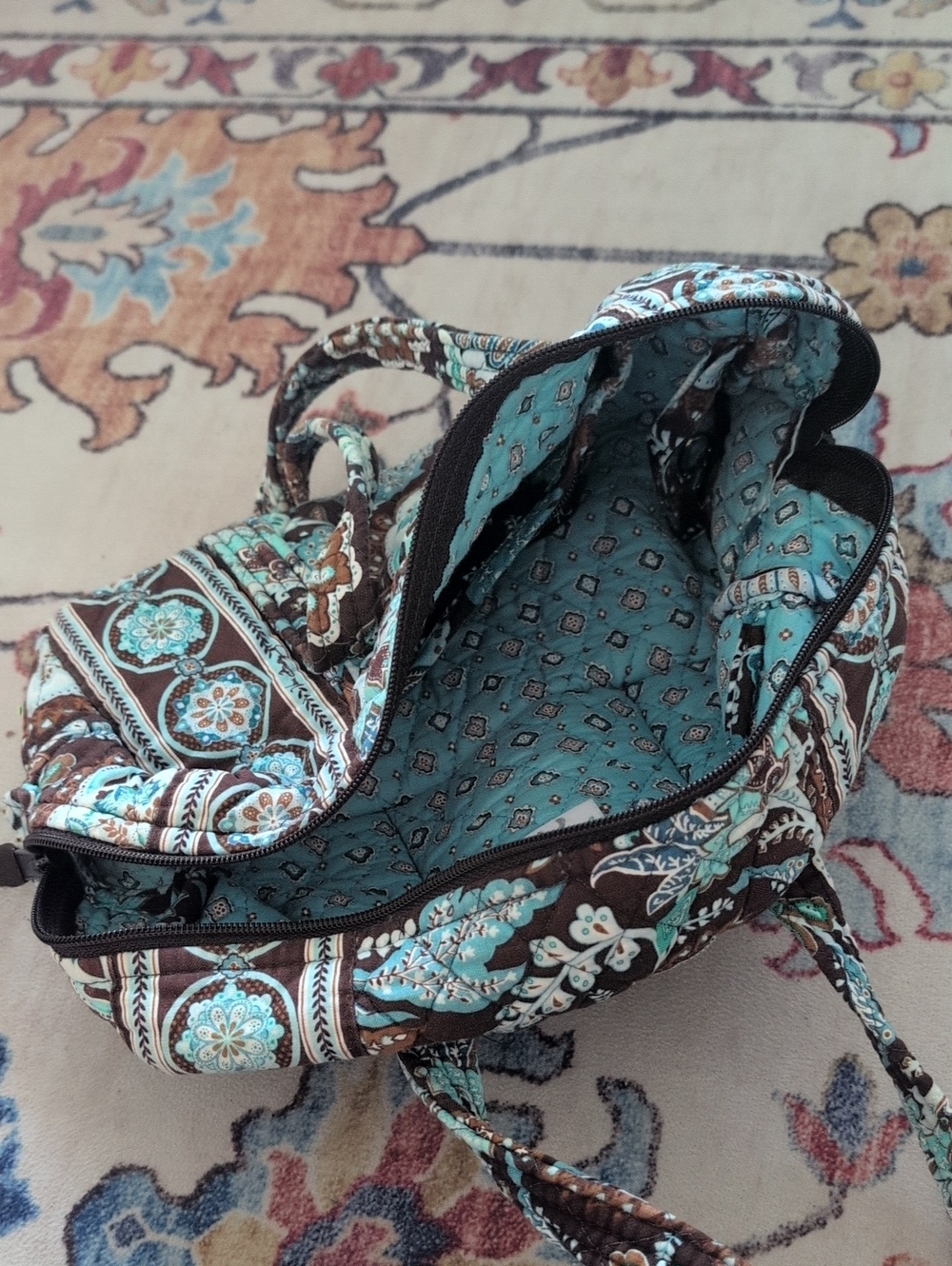Vera Bradley Quilted Floral Tote in Teal and Brown